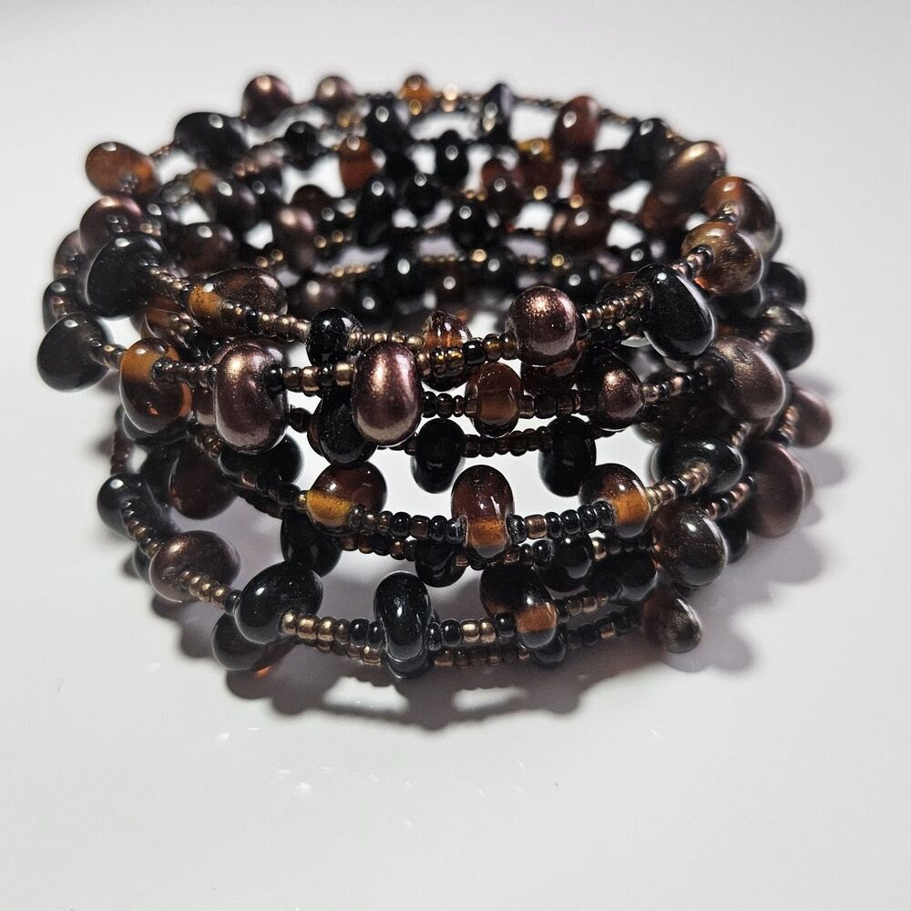 Brown Glass Beaded Wrap Around Bracelet Artisan Seed Bead